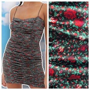 URBAN OUTFITTERS Iris Silky Satin Ruched Mini Dress Roses Punk Grunge Club Y2K
